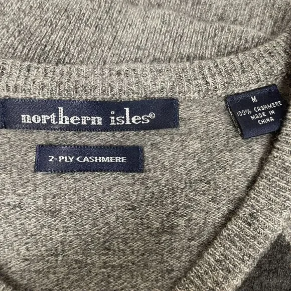 Northern Isles Sweater Medium Gray Argyle Diamond 100% 2 Ply Cashmere V-Neck